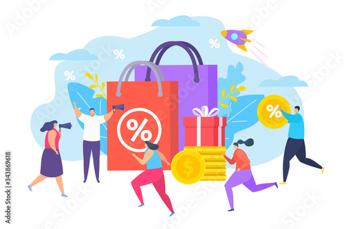 Promo at store sale goods, vector illustration. Market commerce advertising, man and woman with loudspeaker talk about sale. Customers run for discount in shop, package with per cent sign.