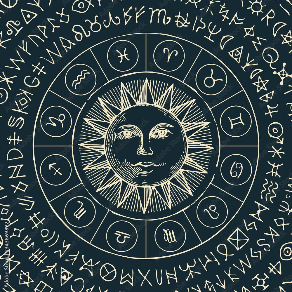 Obraz premium Vector illustration of the Zodiac signs in retro style with Sun and magic runes written in a circle on a black background. Hand-drawn banner with twelve horoscope symbols for astrological forecasts