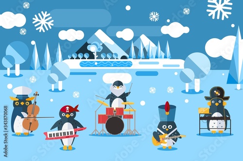 Musical group penguins in suits vector illustration. Animals character play musical instruments in cold, north, snowy terrain. Birds with cello, drums, piano and guitar at Antarctic.