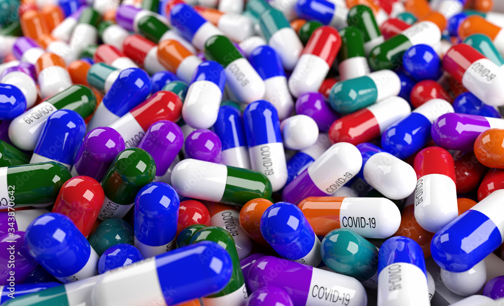 Capsules or pills with inscription COVID-19 cure on multi color surface by close up view. Concept of Virus Pandemic Protection. Coronavirus or COVID-19 concept. 3d render Capsules or pills with inscription COVID-19 cure on multi color surface by close up view. Concept of Virus Pandemic Protection. Coronavirus or COVID-19 concept. 3d render