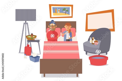 Sick people couple in bed, vector illustration. Husband and wife character have flu, fever. On bedside table there medicines, syringe, heating pad and hot soup, home treatment banner.