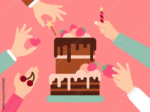 Hand present sweet stuff, birthday festive cake flat vector illustration. Lovely sugary muffin with berry strawberry, cherry filling, delightful pie. Design celebrate date of birth banner.