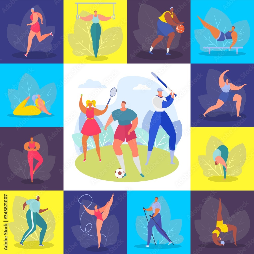Sports people, training set vector illustration. Healthy hobby, profession and happy lifestyle. Athlete man woman character in different sport type, activity work, gym and outdoor.