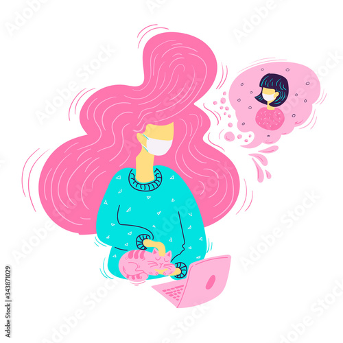 Girl wearing face mask and chatting on video call illustration isolated on white. Social communication during quarantine concept. Self isolation and relationships with internet technologies. 