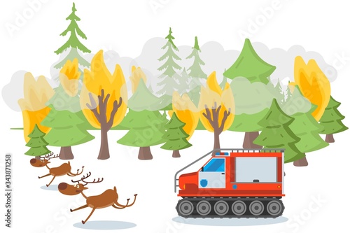 Environmental pollution tracked result, vector illustration. Wildfire, forest trees in flame, character animals run away to escape. Cartoon car arrived to help, put out fire, natural disaster.