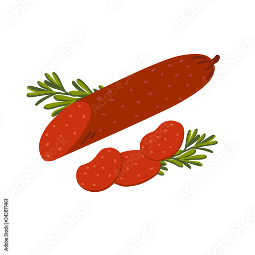Pepperoni sausage. Meat delicatessen on white background. Slices of italian spicy pepperoni sausage. Simple flat style vector illustration.