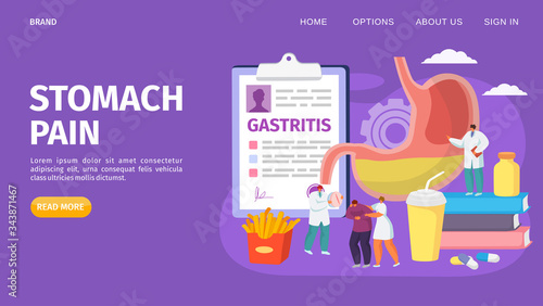 Stomach pain, gastrtis landing vector illustration. Organ disease treatment, doctor examining acid refulx, bad digestion. Man bent over in pain, medical worker help, medicine and unhealthy fast food.