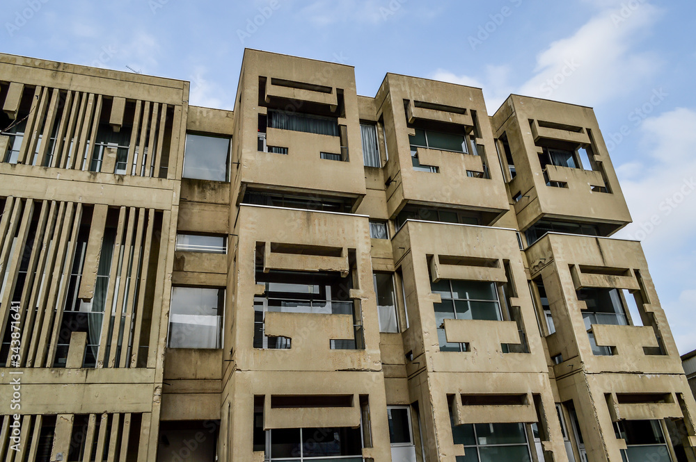 Brutalist Architecture. Details of brutalist concrete building. Part of the Centre National de la Danse (National Dance Center), public building in Pantin, near Paris, France.