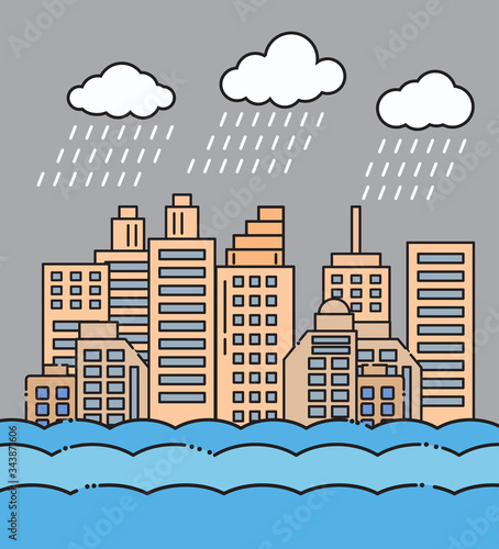 Flood natural disaster with house, heavy rain and storm , damage with home, clouds and rain, flooding water in city,Flooded house.