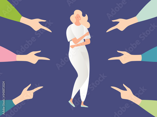 Bullying woman, Simple concept problem violence, harassment and abuse person in style cartoons vector illustration design. Upset sad and unhappy girl fell victim to bully who point finger on her.