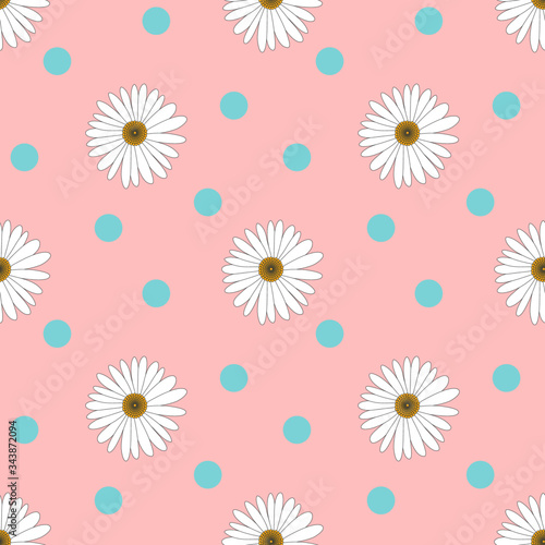 Common daisy seamless pattern on pastel pink background and pink line.To destroy fabrics or patterns.Vector Illustration.
