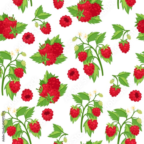 Raspberries fresh red berries and leaves isolated on white background cartoon seamless vector pattern illustration. Summer sweet fruity and raspberries wrapping or textile.