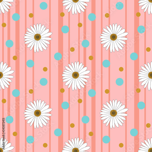 Common daisy seamless pattern on pastel pink background and pink line.To destroy fabrics or patterns.Vector Illustration.