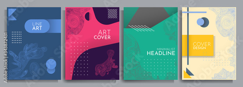 Vector illustration. Abstract geometric background set. Design element for cover, poster, book cover, brochure, headline. Color linear shapes. Line art. Flat concept. Futuristic modern graphic