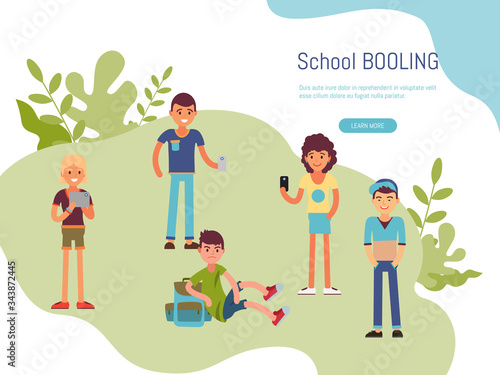 School bullying inscription website. Concept study problem bullying adolescents in educational institutions, vector illustration. Young student experiences stress by falling victim classmates ridicule