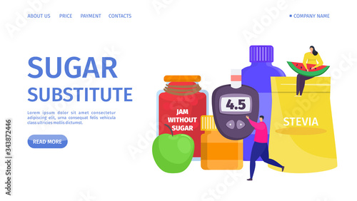 Sugar substitute, landing vector illustration. Bottles low calorie artificial sweetener. Man carry glucose meter to measure blood sugar. Woman sit on bank with stevia and hold slice watermelon.