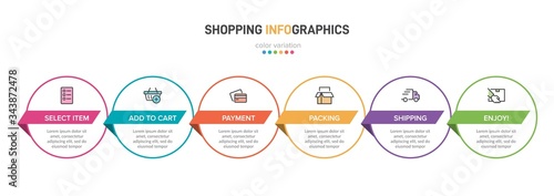 Concept of shopping process with 6 successive steps. Six colorful graphic elements. Timeline design for brochure, presentation, web site. Infographic design layout.