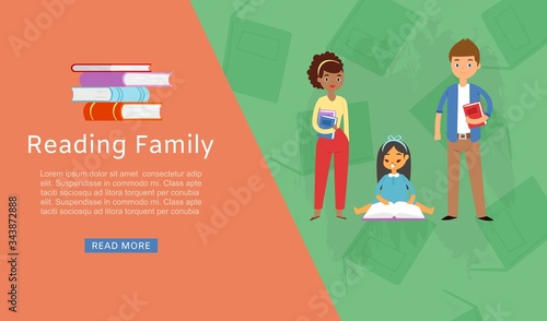 Reading family and books concept for study and literature with happy mother, father and daughter read book vector illustration. Family read favorite book banner.
