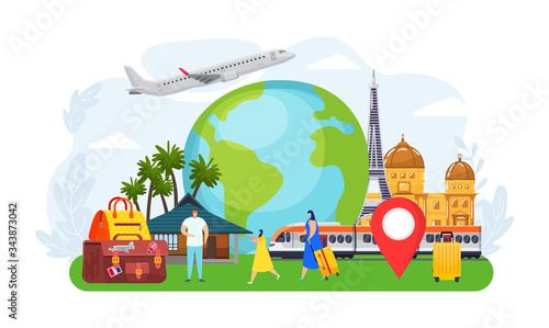 Travel tourist people concept, vector illustration. Adventure around world, tourism vacation by airplane, holiday journey. Family with suitcases abroad, active holiday, sightseeing popular places.