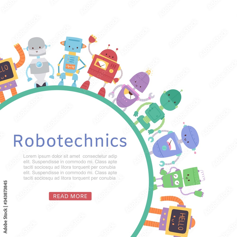 Robotics with cute robots and transformers round banner for kids lessons vector cartoon toys illustration. Future artificial robotics machine cyborg designing for children. Robotics with cute robots and transformers round banner for kids lessons vector cartoon toys illustration. Future artificial robotics machine cyborg designing for children.