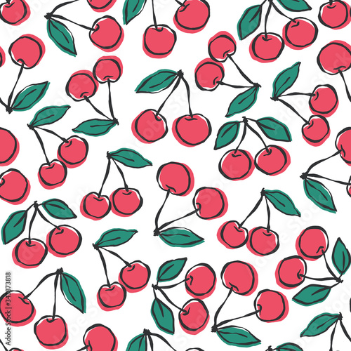 Vector cherry seamless pattern. Hand drawn illustration of summer fruit. Fresh design great for wallpaper, gift wrap, fabric.
