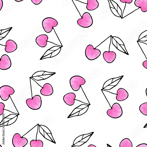 Cherries seamless pattern in doodle style with watercolor. Summer fruits print for textile, fabric, wrapping, wallpaper, kitchen or cafe design