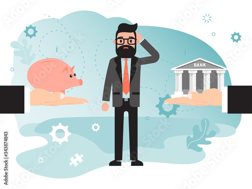 Investment choice decision, financial comparison concept, bank deposit or saving money in piggy bank, design vector illustration. Male businessman puzzled by options for safe, competent storage, cash.