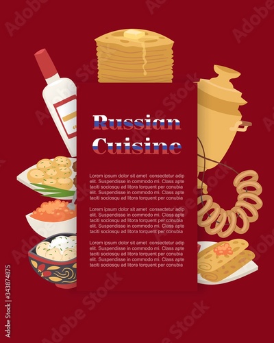 Russian cuisine poster with thin pancake, red caviar, vodka and samovar, meat dumplings cartoon vector illustration. Food Russia menu poster and russian cuisine.