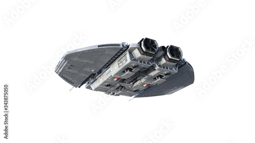 Alien spaceship, UFO spacecraft in flight isolated on white background, rear bottom view, 3D rendering