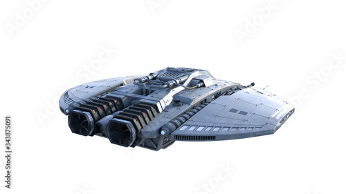 Alien spaceship, UFO spacecraft in flight isolated on white background, rear view, 3D rendering