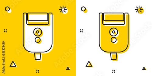 Black Electric razor blade for men icon isolated on yellow and white background. Electric shaver. Random dynamic shapes. Vector Illustration