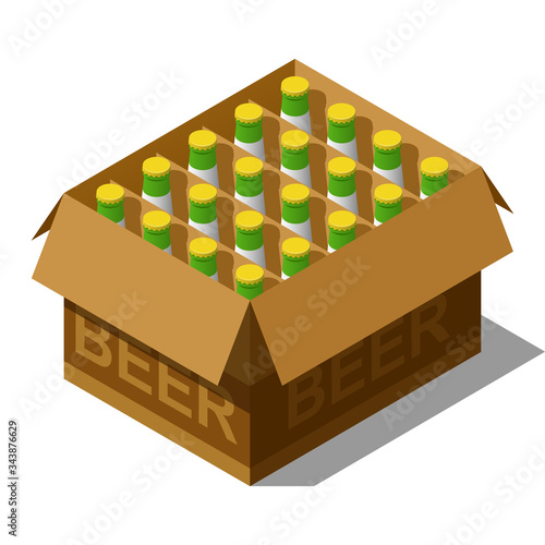 Isometric cardboard box with group of beer bottles isolated on white background.