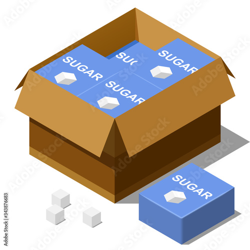 Isometric suger bags placed in open cardboard box isolated on white background.