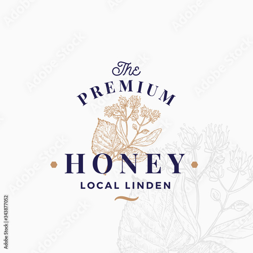Premium Quality Honey Sign, Symbol or Logo Template. Hand Drawn Linden Flowers Branch Sketch with Retro Typography. Local Apiary Vintage Emblem with Background.