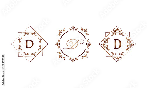 Set of elegant templates in monograms with the letter D. Decorative ornament and identical business sign, restaurant, boutique, cafe, hotel, labels