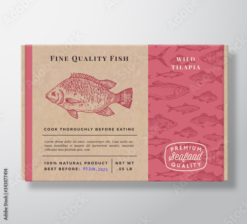 Fish Pattern Realistic Cardboard Container. Abstract Vector Seafood Packaging Design or Label. Modern Typography, Hand Drawn Tilapia Silhouette. Craft Paper Box Pattern Background Layout.