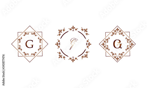 Set of elegant templates in monograms with the letter G. Decorative ornament and identical business sign, restaurant, boutique, cafe, hotel, labels