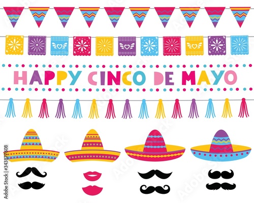 Cinco de Mayo vector set, sombrero hats and decoration