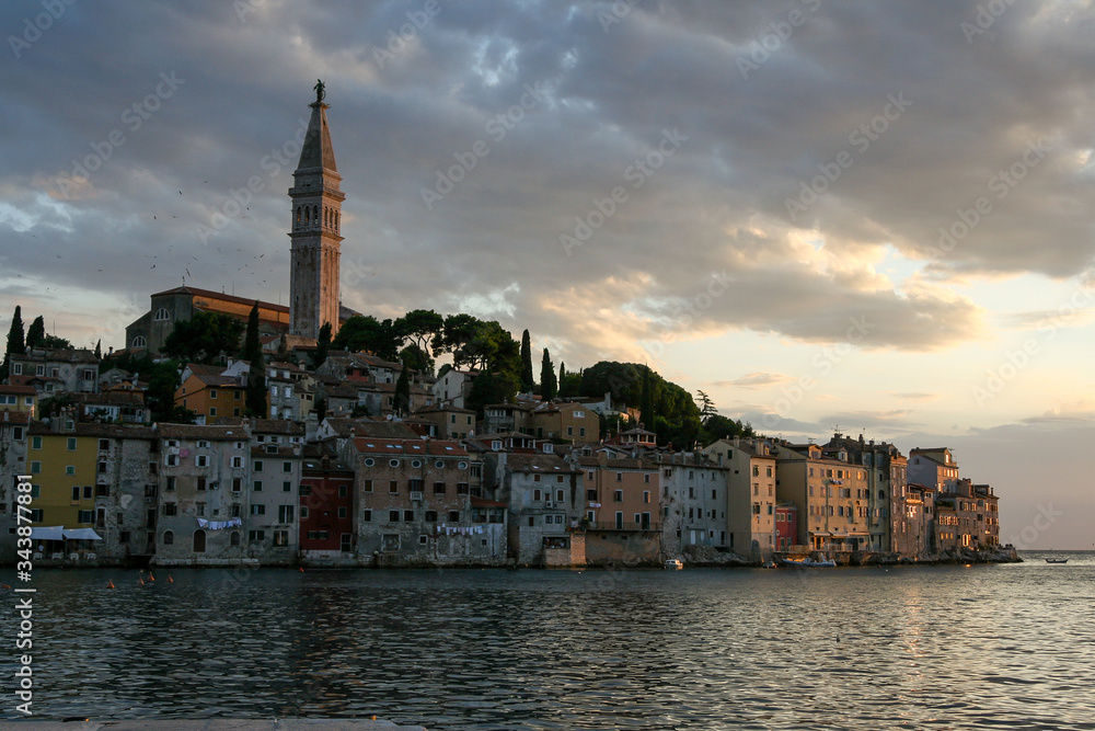 Rovinj, Croatia, 2011, July, Old town from the water in sunset