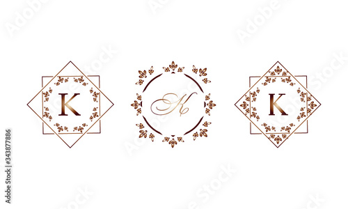 Set of elegant templates in monograms with the letter K. Decorative ornament and identical business sign, restaurant, boutique, cafe, hotel, labels