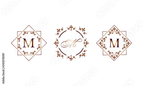 Set of elegant templates in monograms with the letter M. Decorative ornament and identical business sign, restaurant, boutique, cafe, hotel, labels