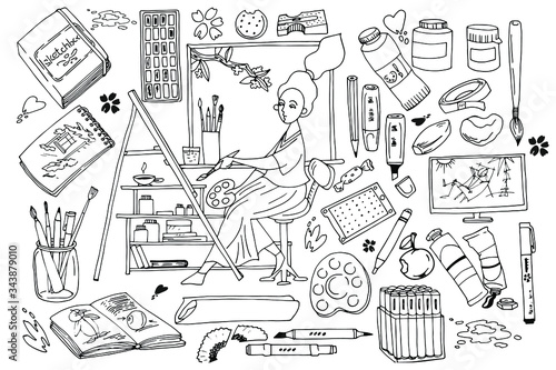 young girl draws with a brush on an easel, set of artists, black and white, vector illustration