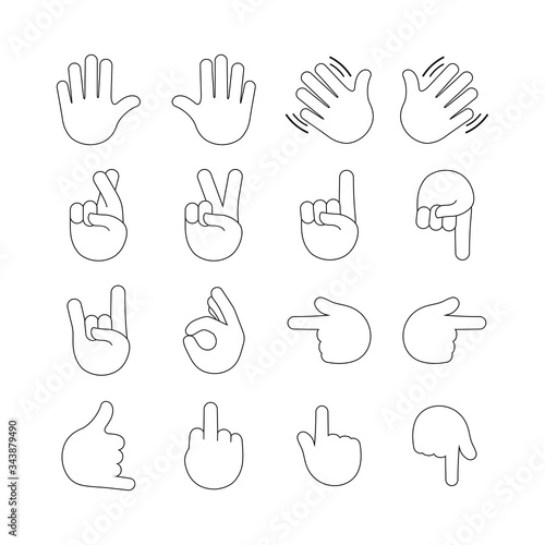 Lines of various gestures of human hands. Vector flat illustration of hands in different situations. Vector design elements for web, presentation, communication, emoticons.
