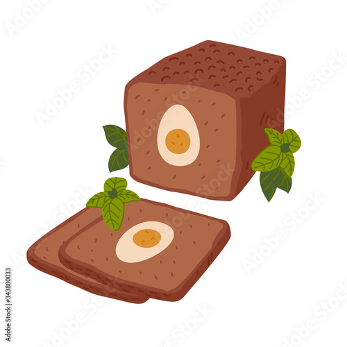 Meatloaf. Meat delicatessen on white background. Slices baked meatloaf with boiled eggs for Easter. Simple flat style vector illustration.