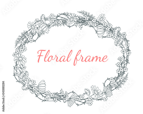Vector oval floral frame on a white background with the words "floral frame"