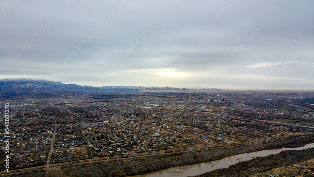 Aerial shot of Albuquerque and the Rio Grande from a hot air balloon, New Mexico, USA
