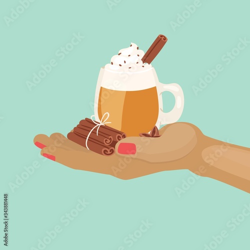 Cup of cacao or coffee with chocolate and whipped cream and spices cinnamon on hand cartoon vector illustration. Tasty cacao chocolate or hot coffee with spices poster.
