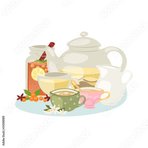 Aromatic herbal tea with herbs and spices ingredients chamomile, lemon, mint, ginger and star anise, rose hip, jasmine, vanilla bean and teapot vector illustration. Herbal tea collection.