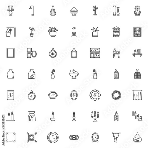 Home decor line icons set. linear style symbols collection, outline signs pack. Interior decoration vector graphics. Set includes icons as houseplant, bookshelf, desk lamp, wall picture, curtain, rug