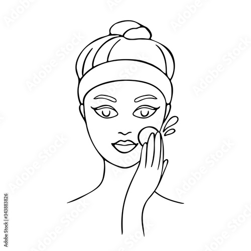 Girl cares about her face. Young woman cleans her skin. Hand drawn illustration. Vector illustration